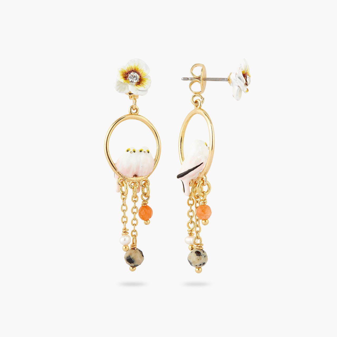 Long - tailed titmouse and pansy asymmetrical hoop earrings | AQLA1031 - Les Nereides