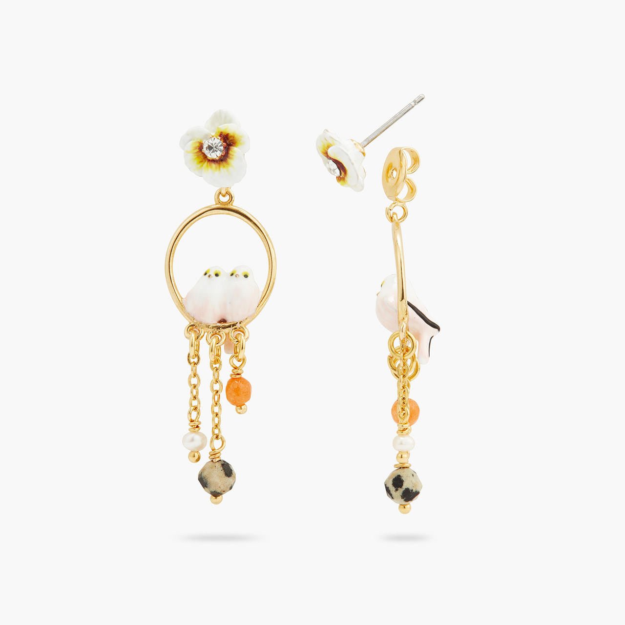 Long - tailed titmouse and pansy asymmetrical hoop earrings | AQLA1031 - Les Nereides