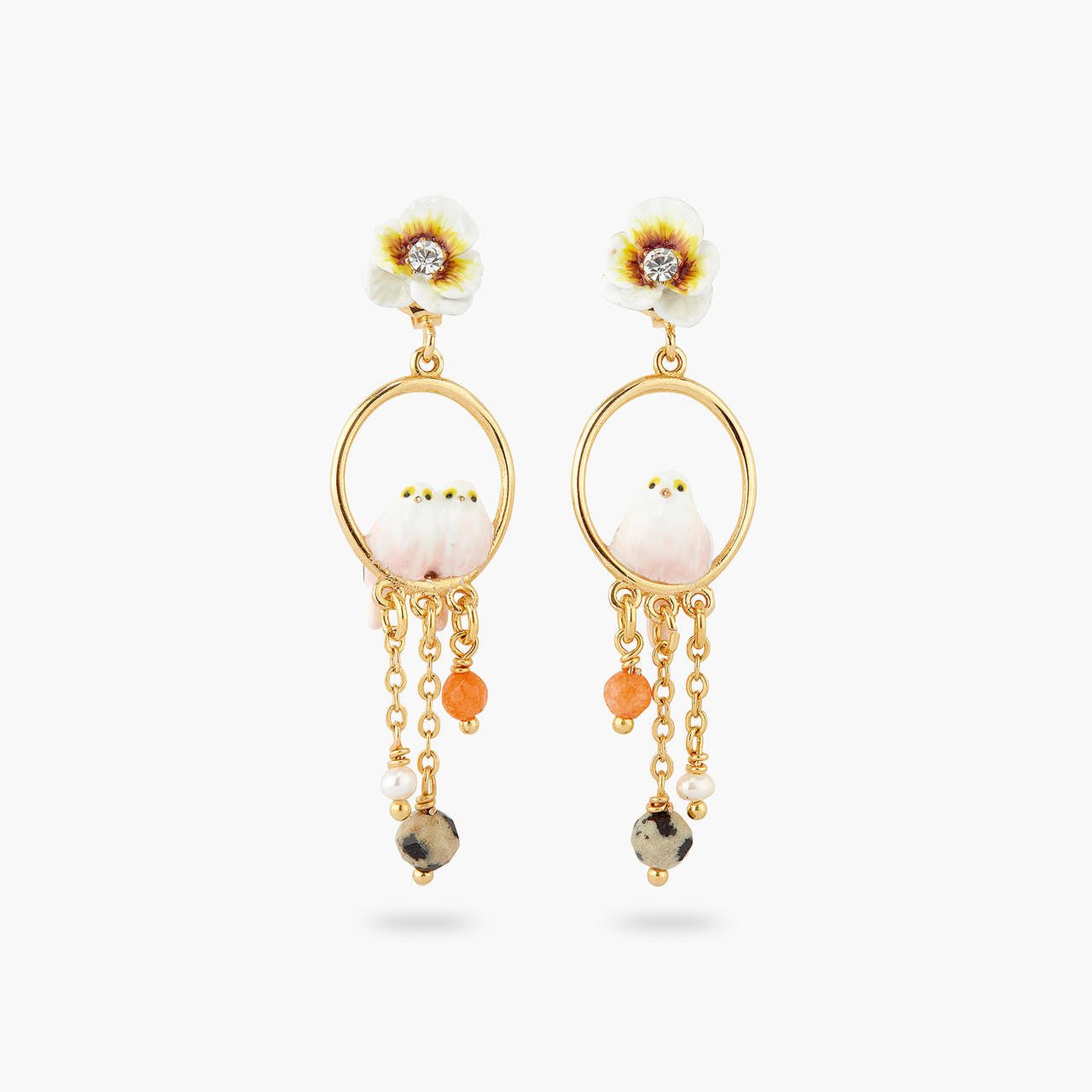 Long - tailed titmouse and pansy asymmetrical hoop earrings | AQLA1031 - Les Nereides