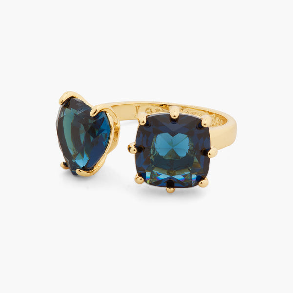 Ocean Blue Diamantine Heart And Square Stone You And Me Adjustable Ring | ASLD6181 - Les Nereides
