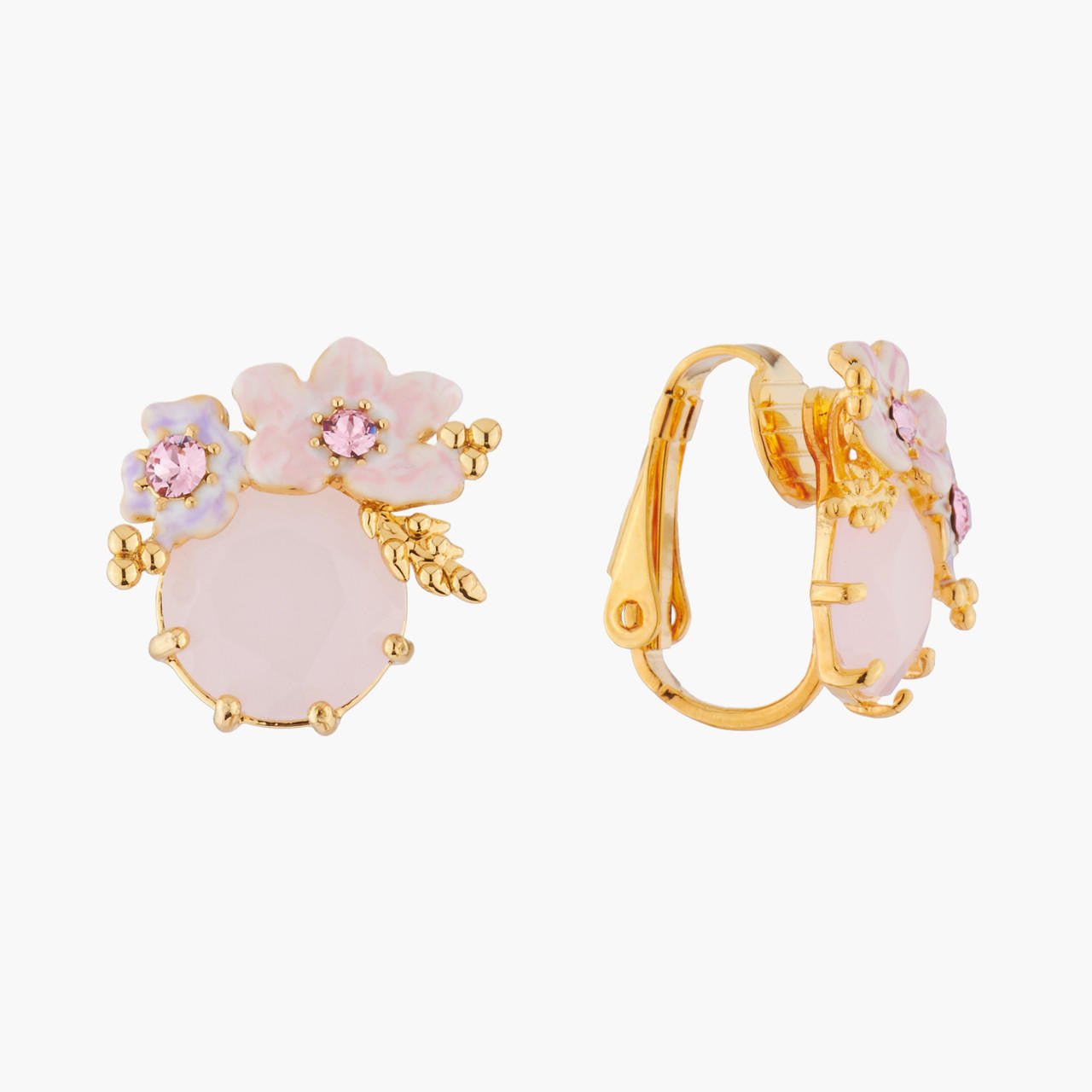 Pink Flowers On Faceted Stone Earrings | AKJV1041 - Les Nereides