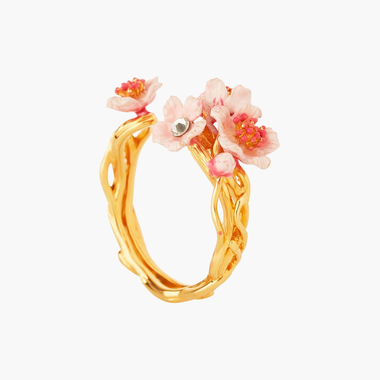 Pink Japanese Cherry Blossom And Golden Branch Adjustable Rings | ANHA6021 - Les Nereides