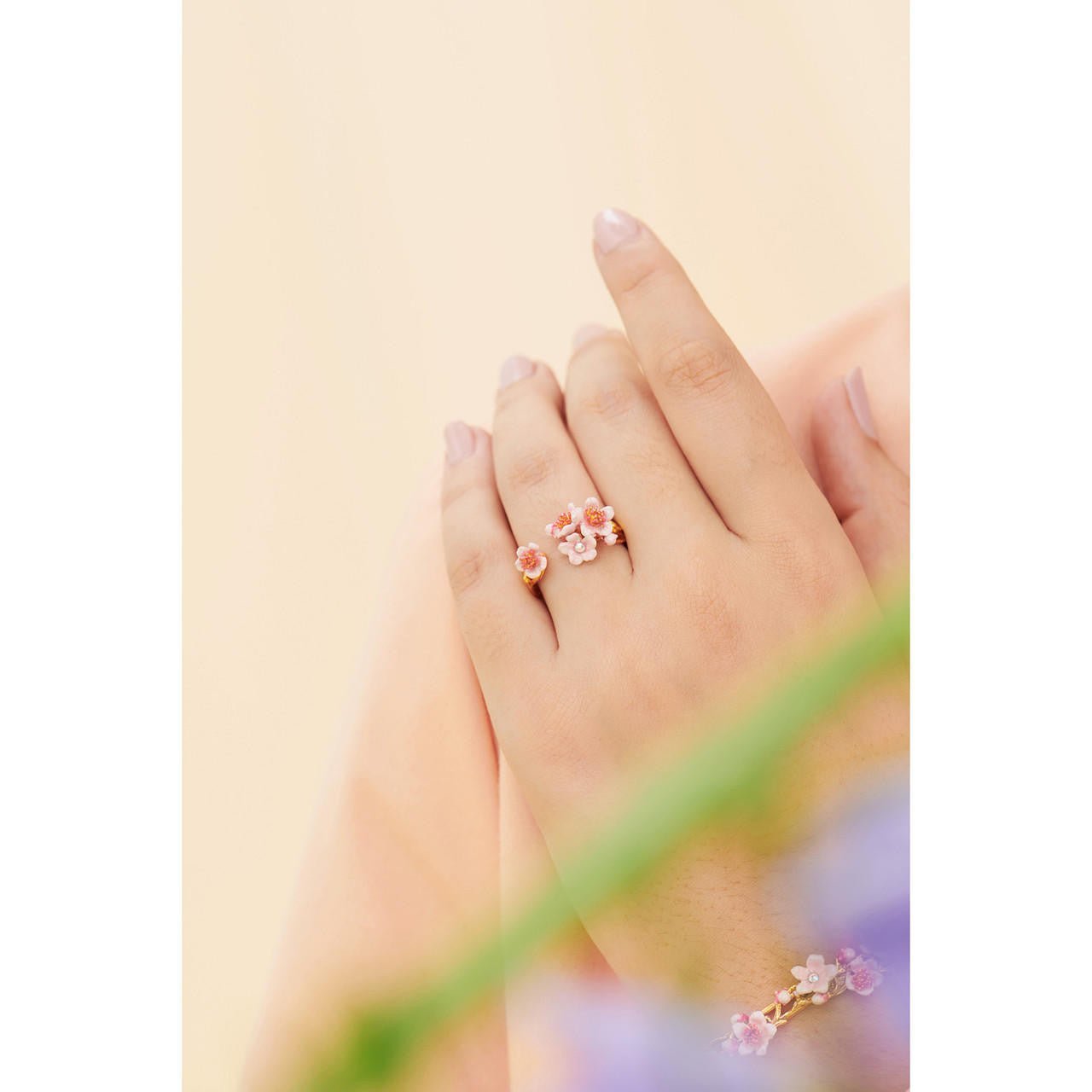 Pink Japanese Cherry Blossom And Golden Branch Adjustable Rings | ANHA6021 - Les Nereides