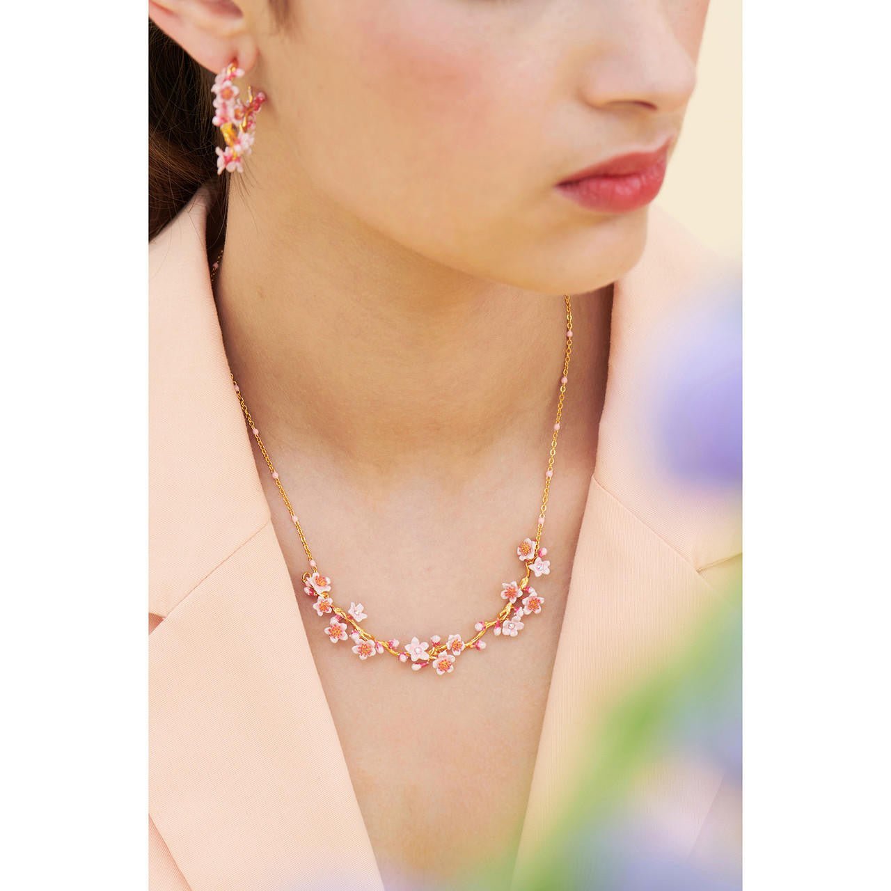 Pink Japanese Cherry Blossom And Golden Branch Statement Necklace | ANHA3031 - Les Nereides