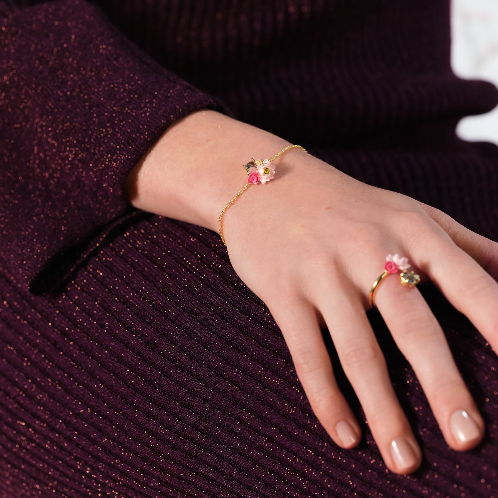 Pink lotus and light blue stone thin bracelet | ASOS2021 - Les Nereides