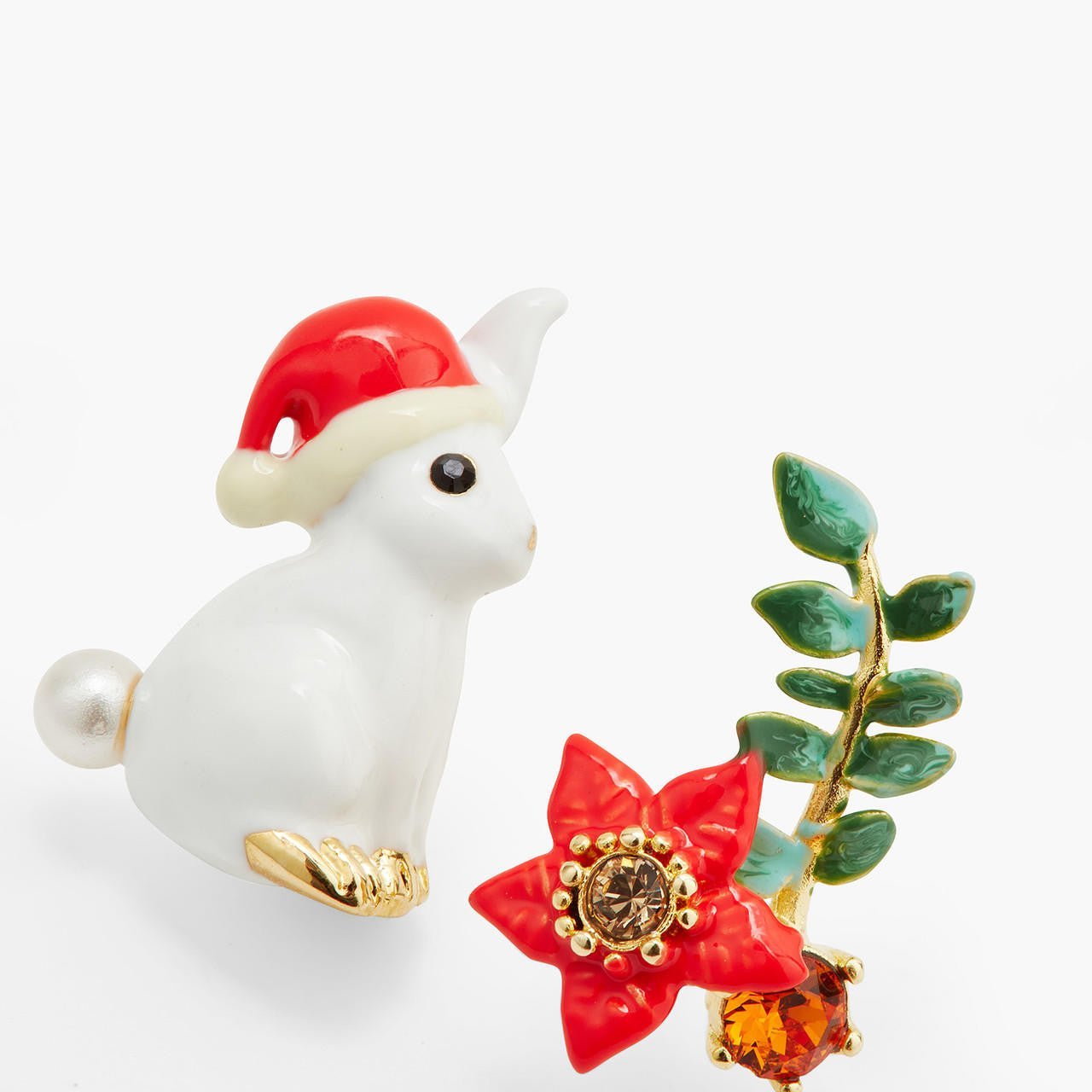 Rabbit and Poinsettia asymmetrical earrings | AQNE1021 - Les Nereides