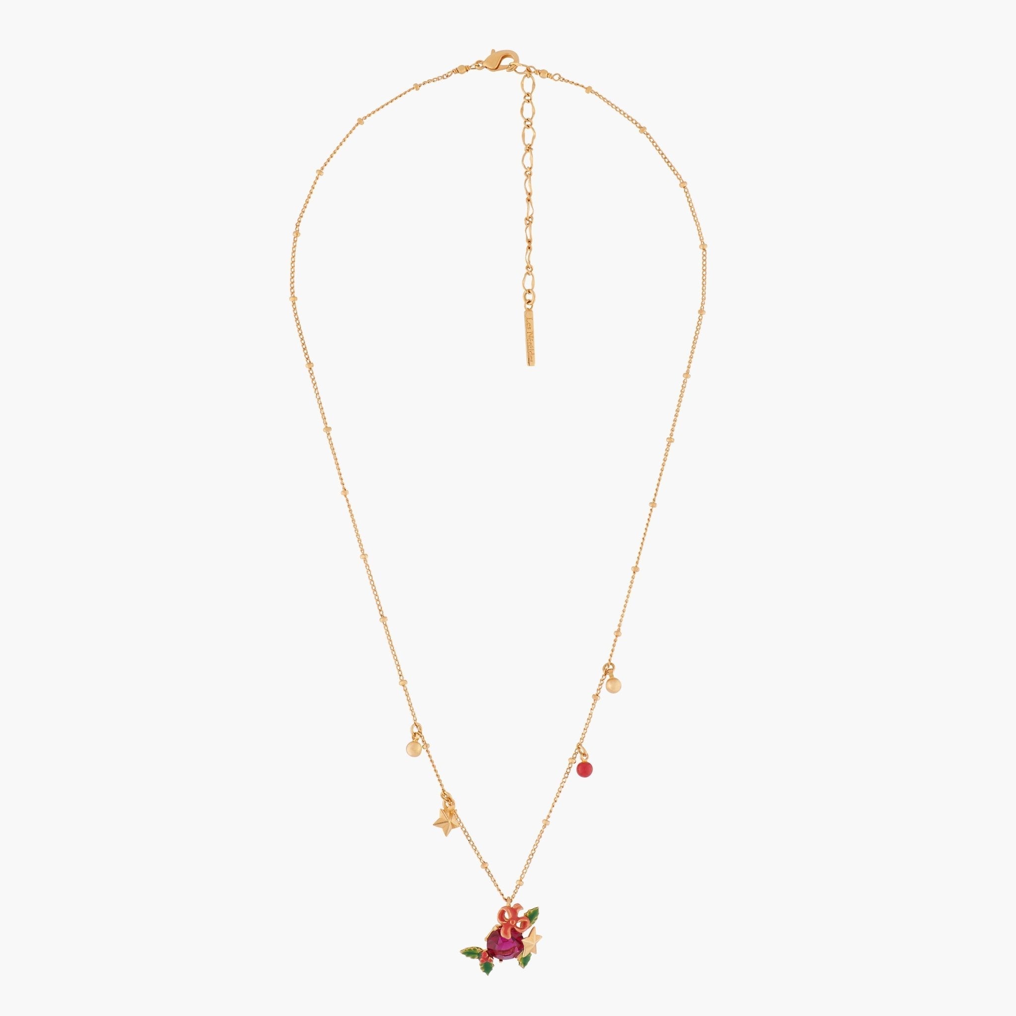 Red Stone And Christmas Holly Pendant Necklace | AKNO302 - Les Nereides