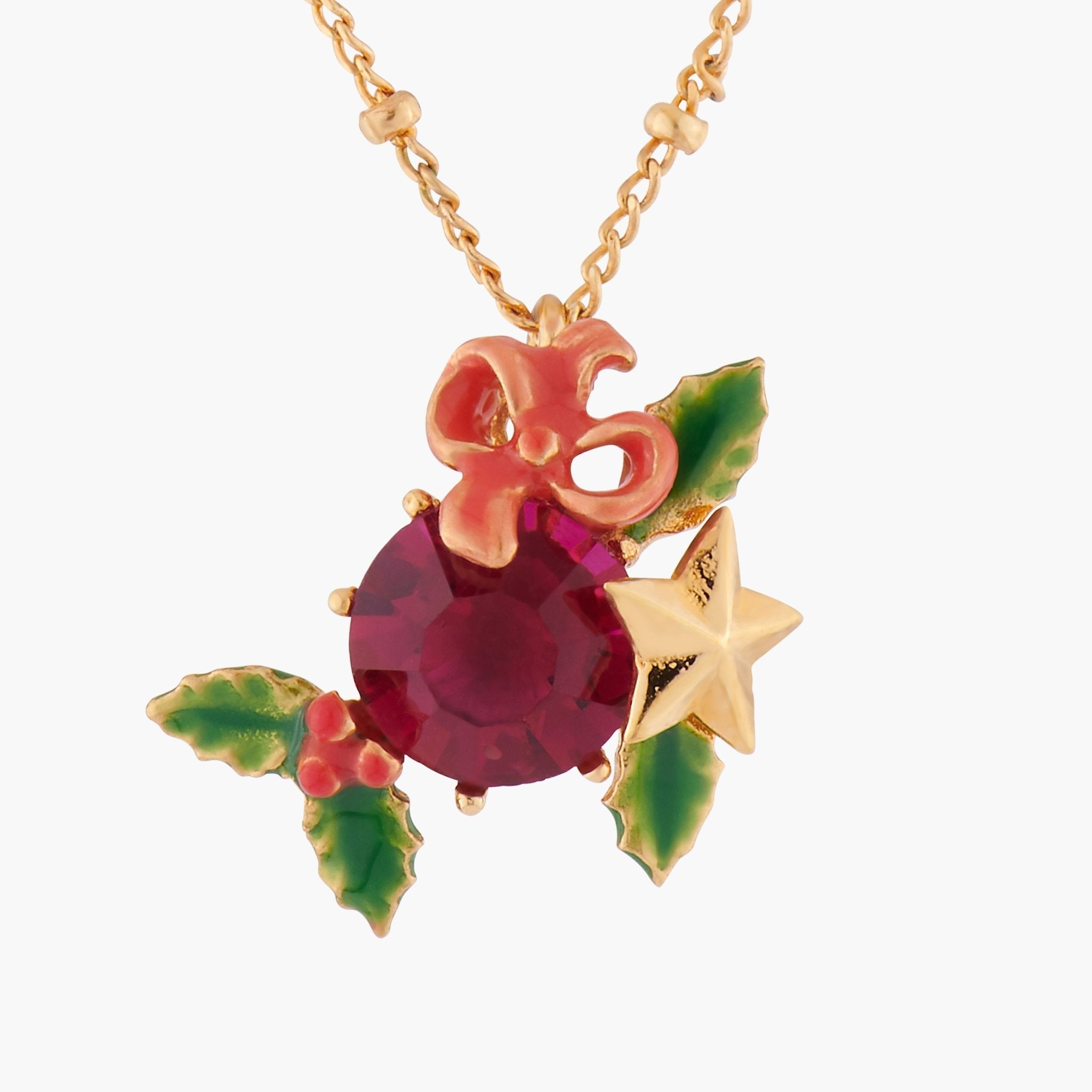 Red Stone And Christmas Holly Pendant Necklace | AKNO302 - Les Nereides