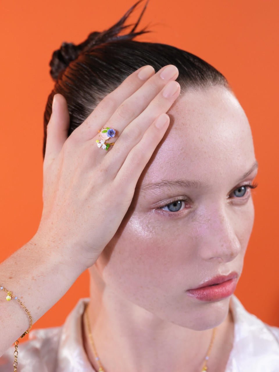 Rose Quartz And Floral Composition Adjustable Ring | ARPF6021 - Les Nereides