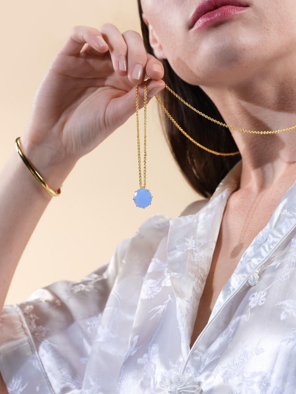Sky Blue Diamantine Round Stone Long Necklace | ARLD3331 - Les Nereides