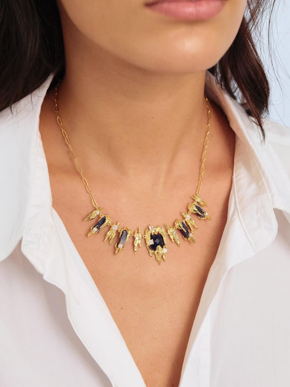 Sodalite And Gold Rock Statement Necklace | APTM3021 - Les Nereides
