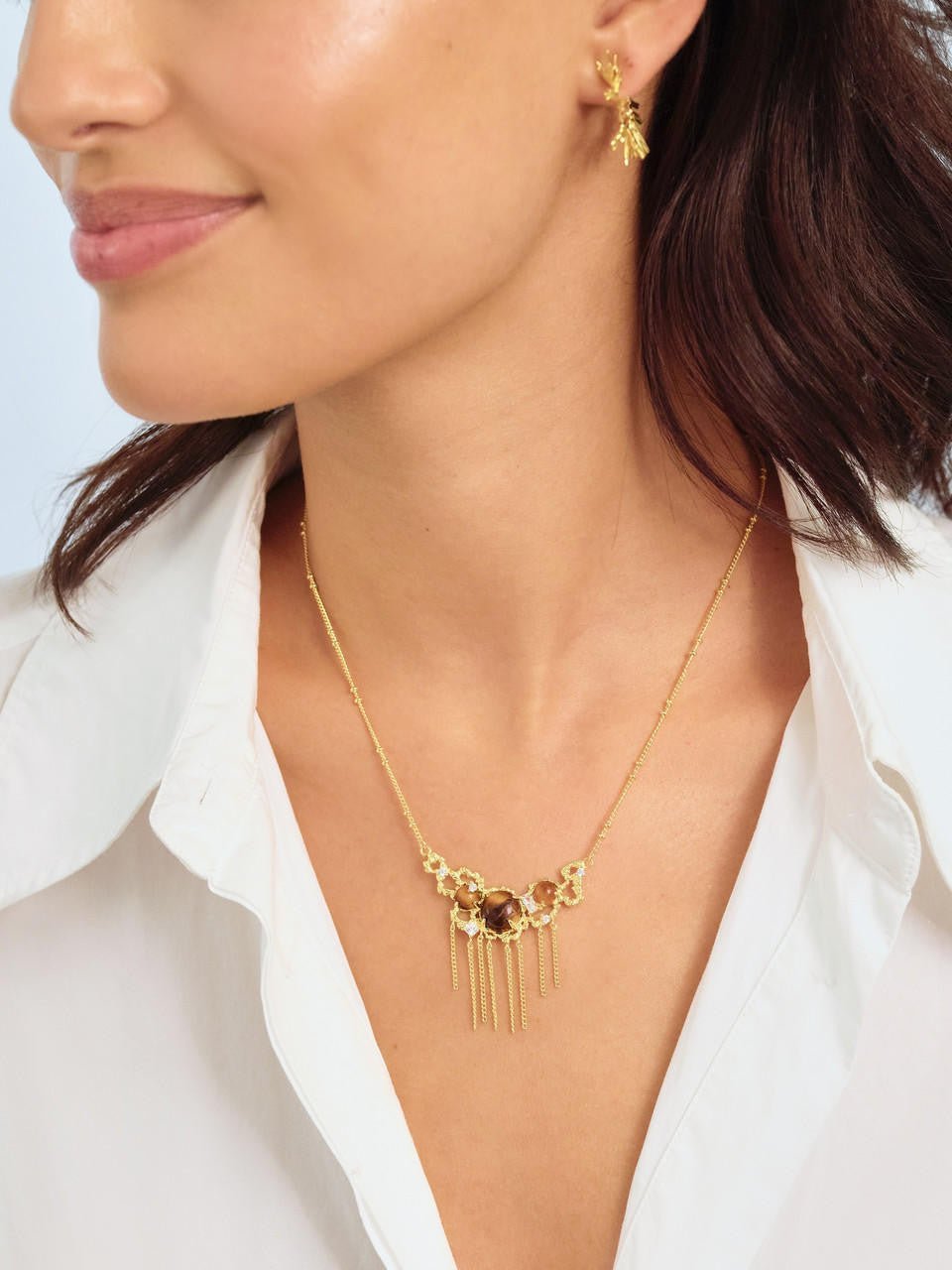 Tiger Eye And Gold Links Statement Necklace | APTM3041 - Les Nereides