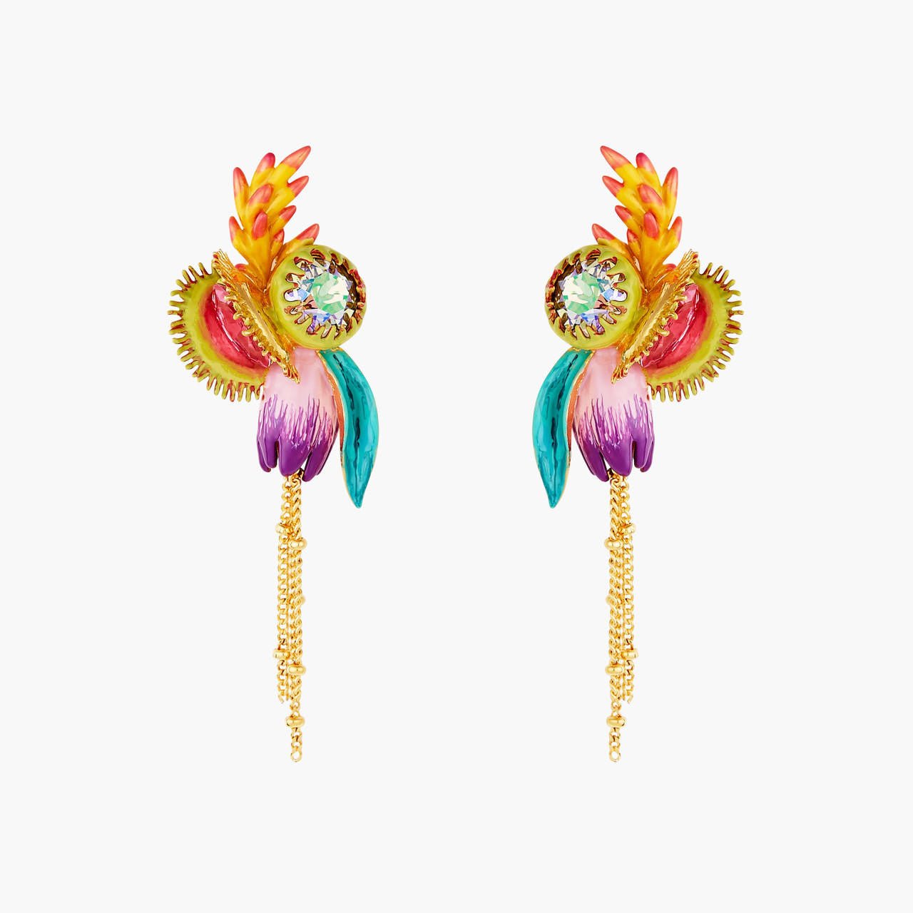 Tropical Flower And Faceted Crystal Stone Dangling Earrings | AOOC1121 - Les Nereides