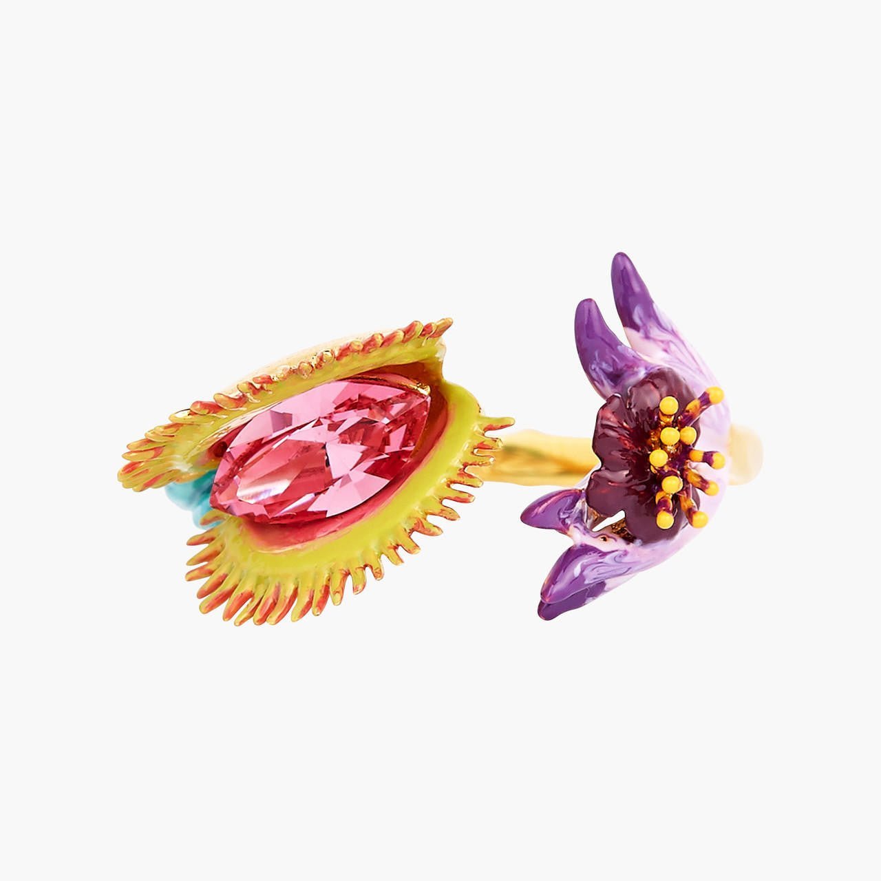 Tropical Flower And Pink Faceted Crystal Stone Adjustable Ring | AOOC6061 - Les Nereides