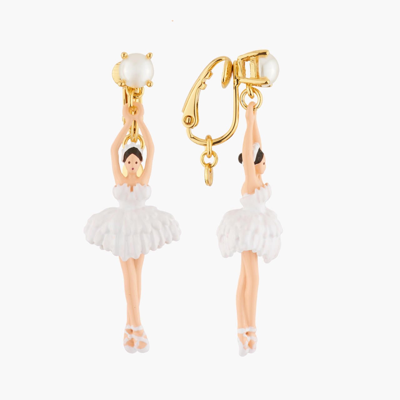 White Ballerina, Pearl And Feather Tutu Earrings | AKDD115C/1 - Les Nereides