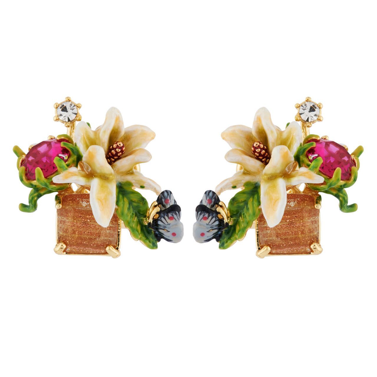 White Flower On Carved Crystal, Butterfly And Rhinestones Earrings | AHPV1041 - Les Nereides