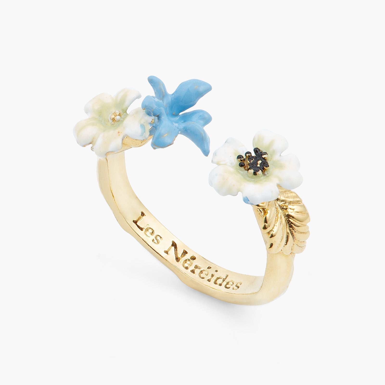 White Flowers And Blue Flower Adjustable Ring | ASTM6041 - Les Nereides