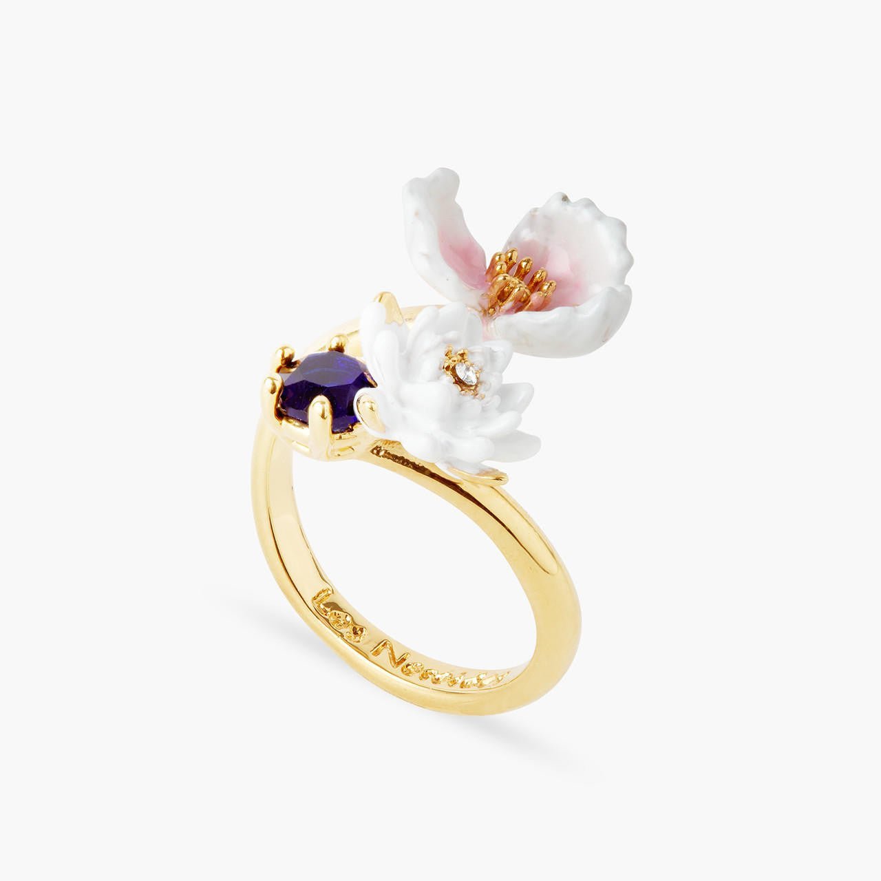 White Water Lily On Blue Stone And Pink Water Plantain Adjustable Ring | AQJF6011 - Les Nereides