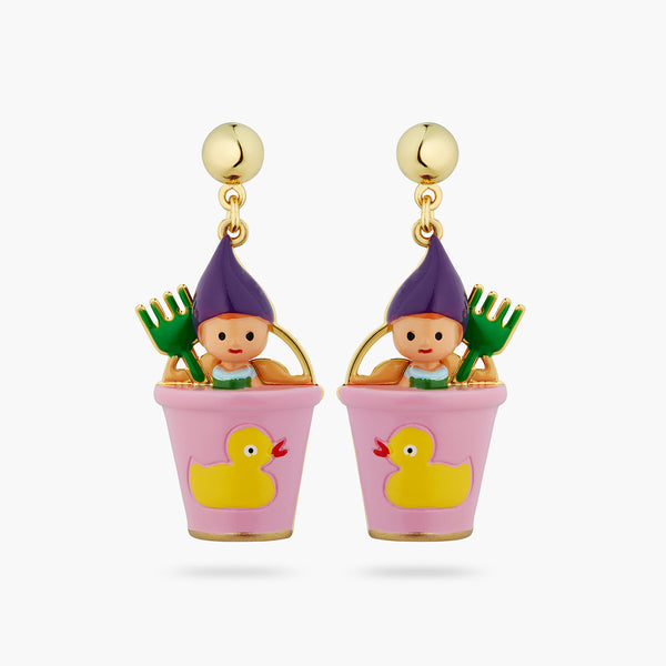 Gnome, Green Rake And Pink Bucket Earrings | ATCP1031