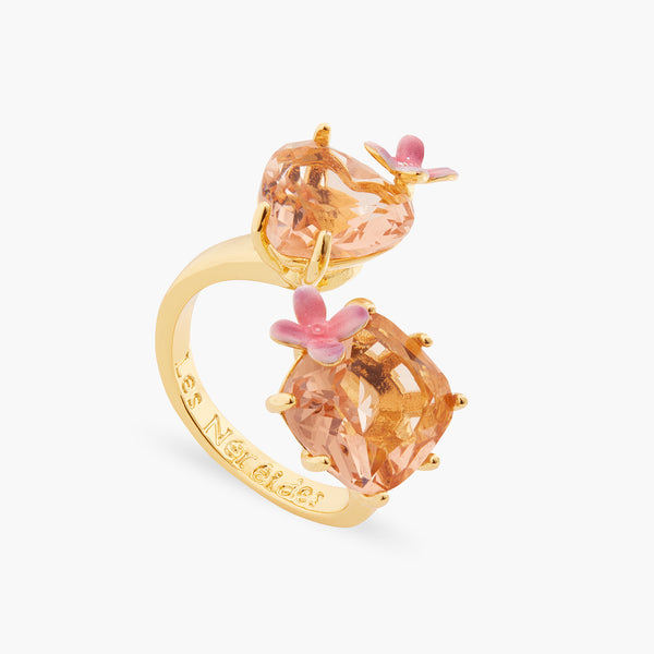 Apricot Pink Diamantine Flower, Heart And Square Stone Ring | ATLD6182