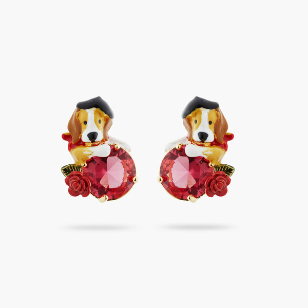 Beagle And Pink Cut Glass Stone Earrings | ATPA1061