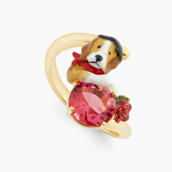 Beagle And Pink Cut Glass Stone Adjustable Ring | ATPA6021