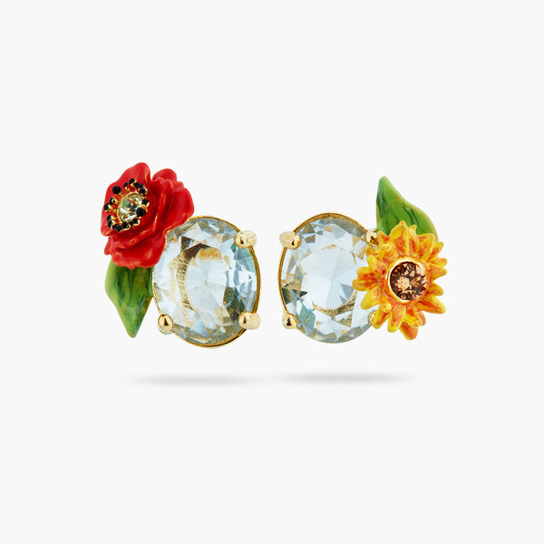 Asymmetrical Wildflower And Round Stone Sleeper Earrings | ATPO1021