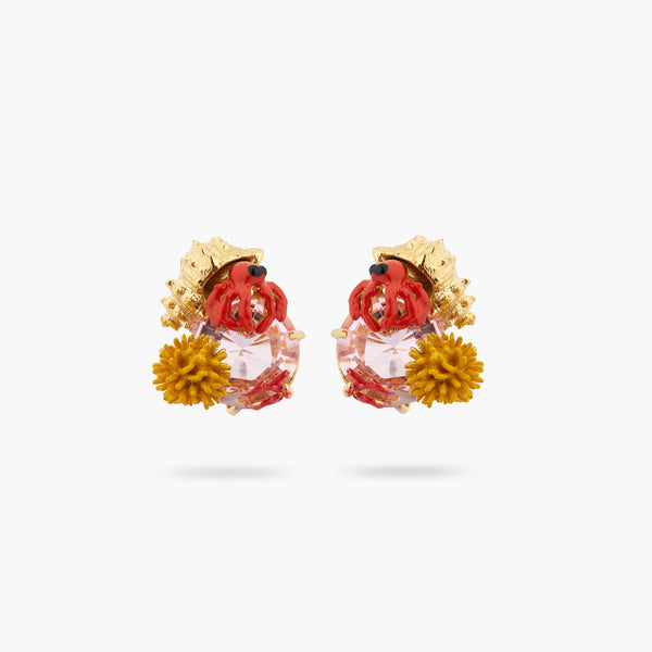 Hermit Crab And Light Pink Cut Crystal Stone Sleeper Earrings | ATPR1051