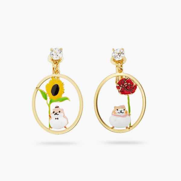 Hamster And Flower Asymmetrical Earrings | ATTO1061