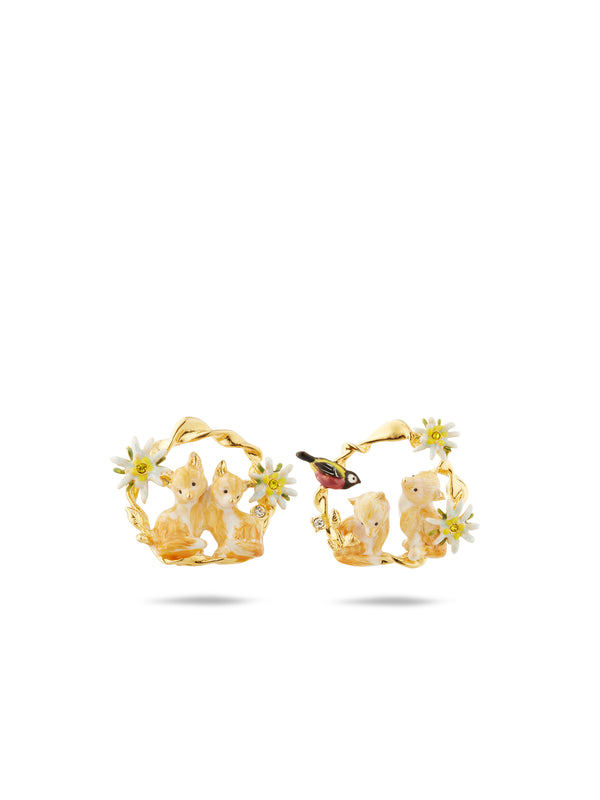 Asymmetrical Edelweiss Flower, Arctic Fox And Varied Tit Hoop Earrings | AULA1051