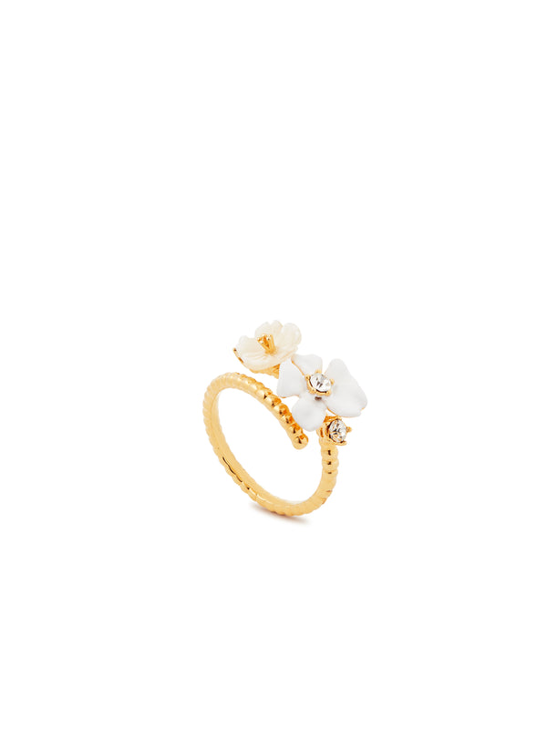 White Jasmine And Faceted Crystal Adjustable Ring | AUME6041