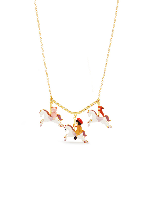 Little Girl, Dachshund And Teddy Bear On A Carousel Statement Necklace | AUTO3041