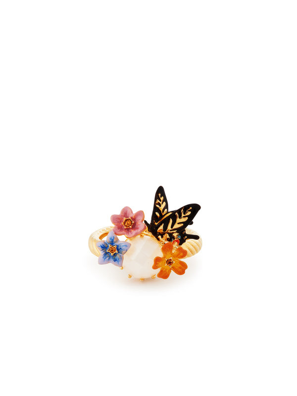 Butterfly, 3 Colourful Jasmine Flowers And Faceted Stone Cocktail Ring | AUTR6011