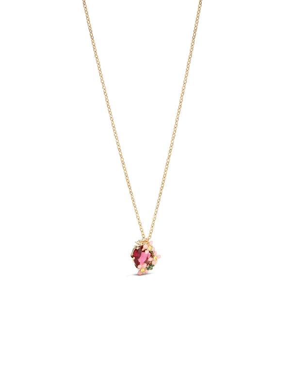 Pink Faceted Crystal And Pink Flower Pendant Necklace | AUVI3031