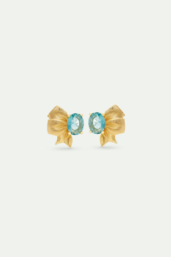 Gold Ribbon And Blue Oval Cut Stone Earrings | AVTH1041