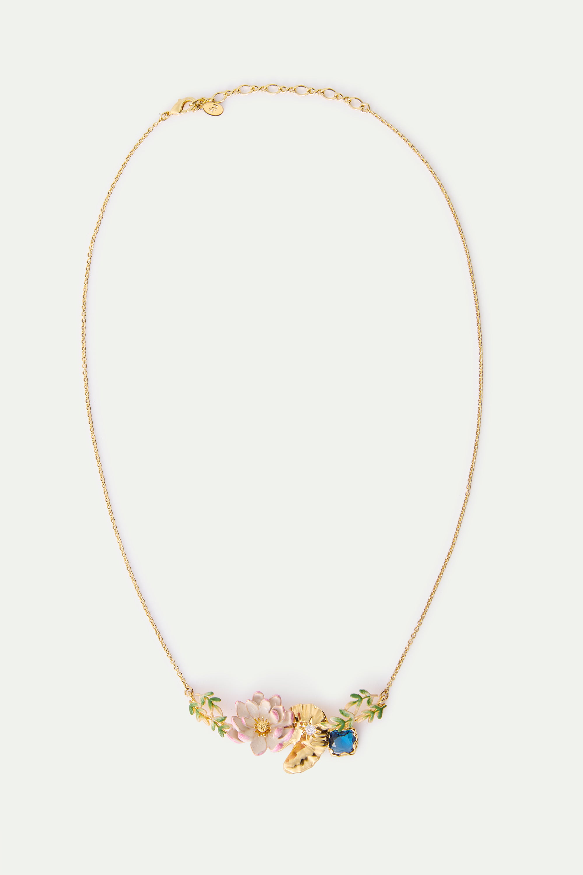 Pink Water Lily, Golden Lotus, And Blue Round Stone Statement Necklace | AXON3021