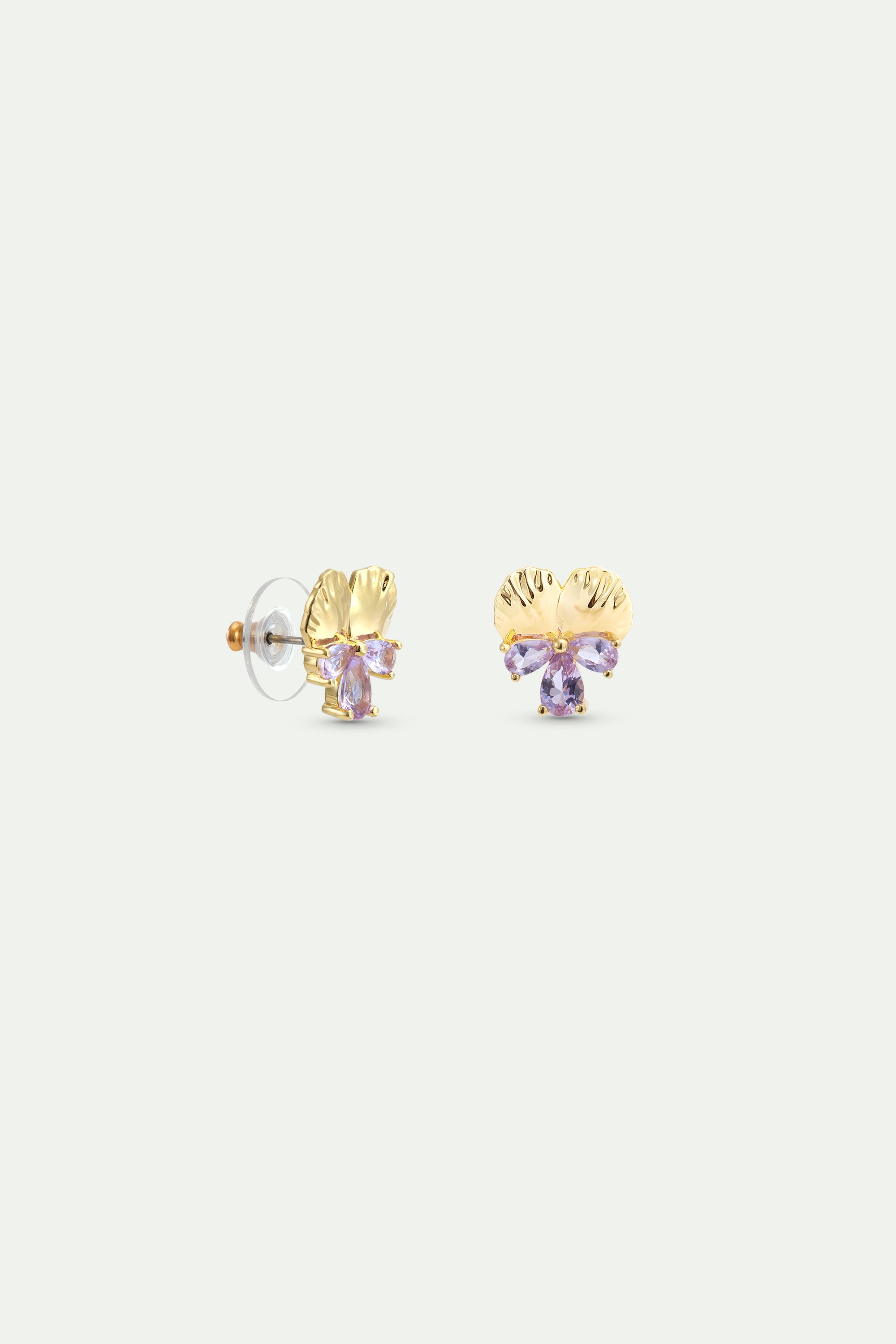 Gold Post Earrings With Pansies and Pink Stones | AYNF1011