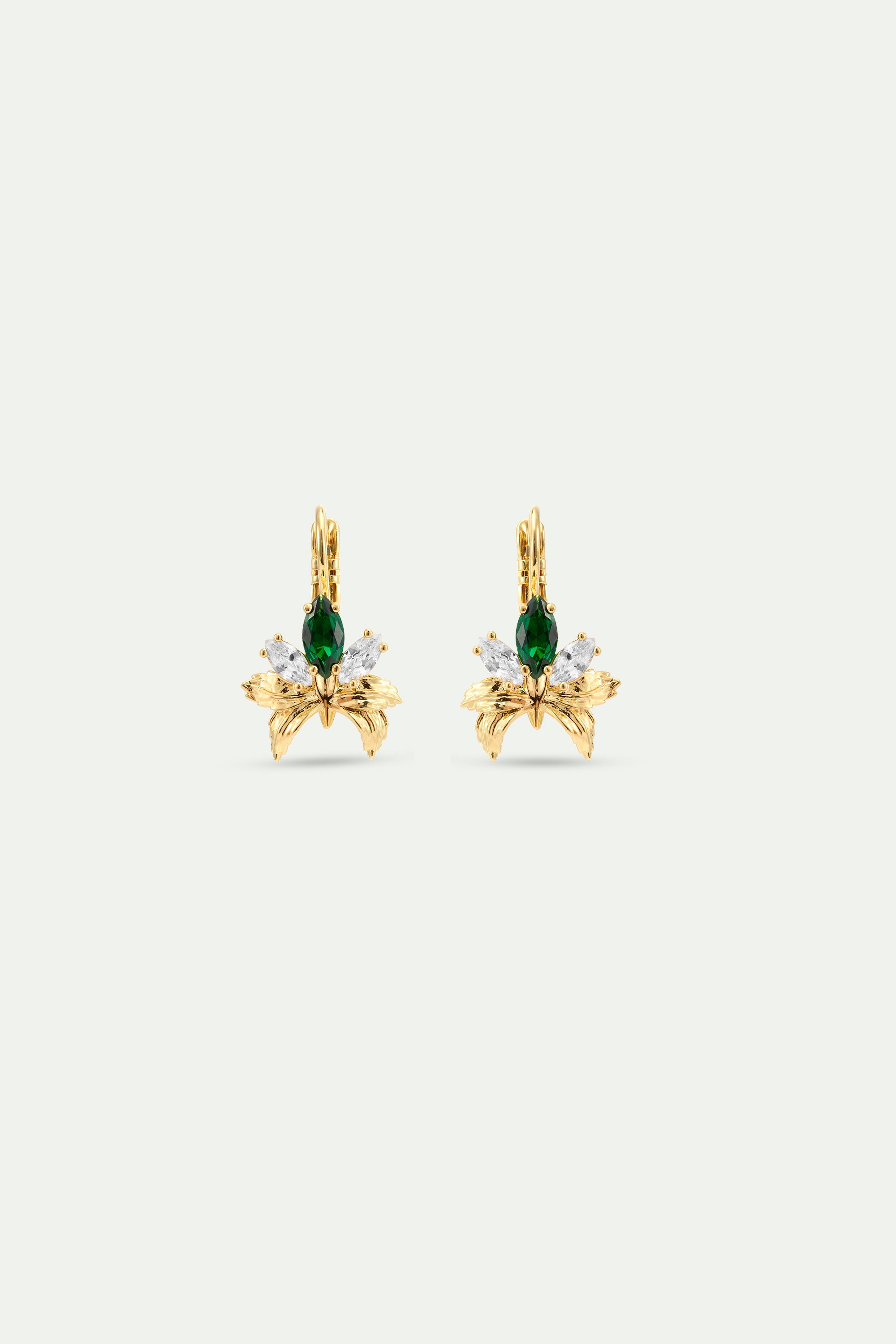 Gold Earrings With Orchids, White and Green Stones | AYNF1051