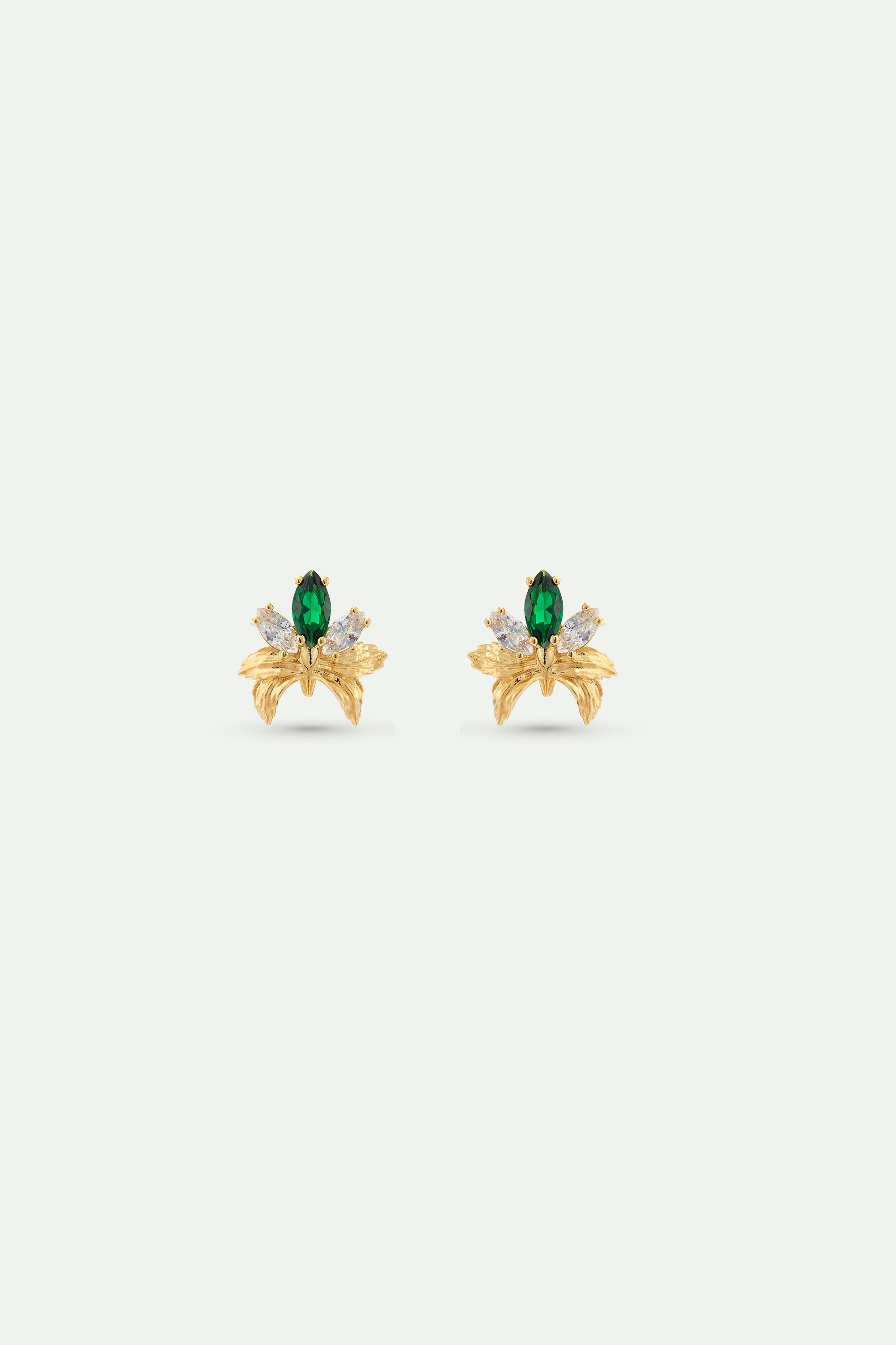 Gold Earrings With Orchids, White and Green Stones | AYNF1051
