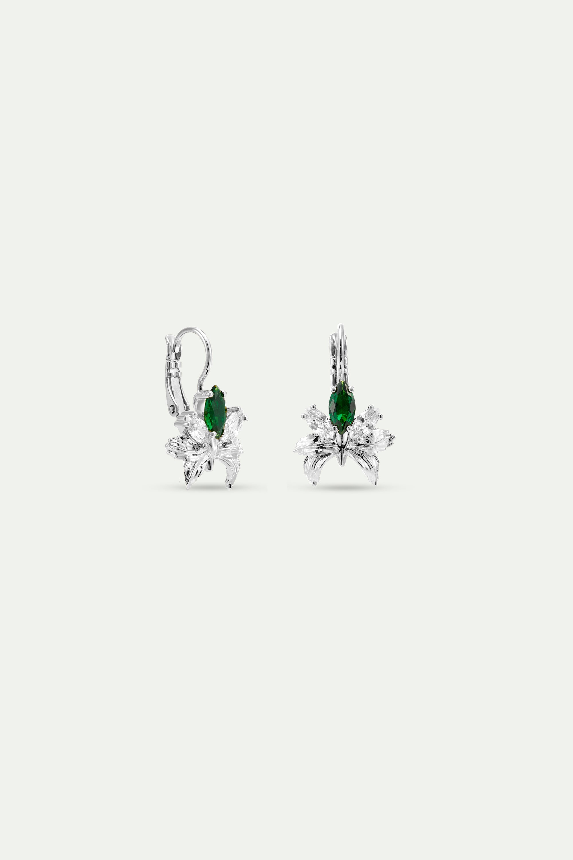 Silver Earrings With Orchids, White and Green Stones | AYNF1061