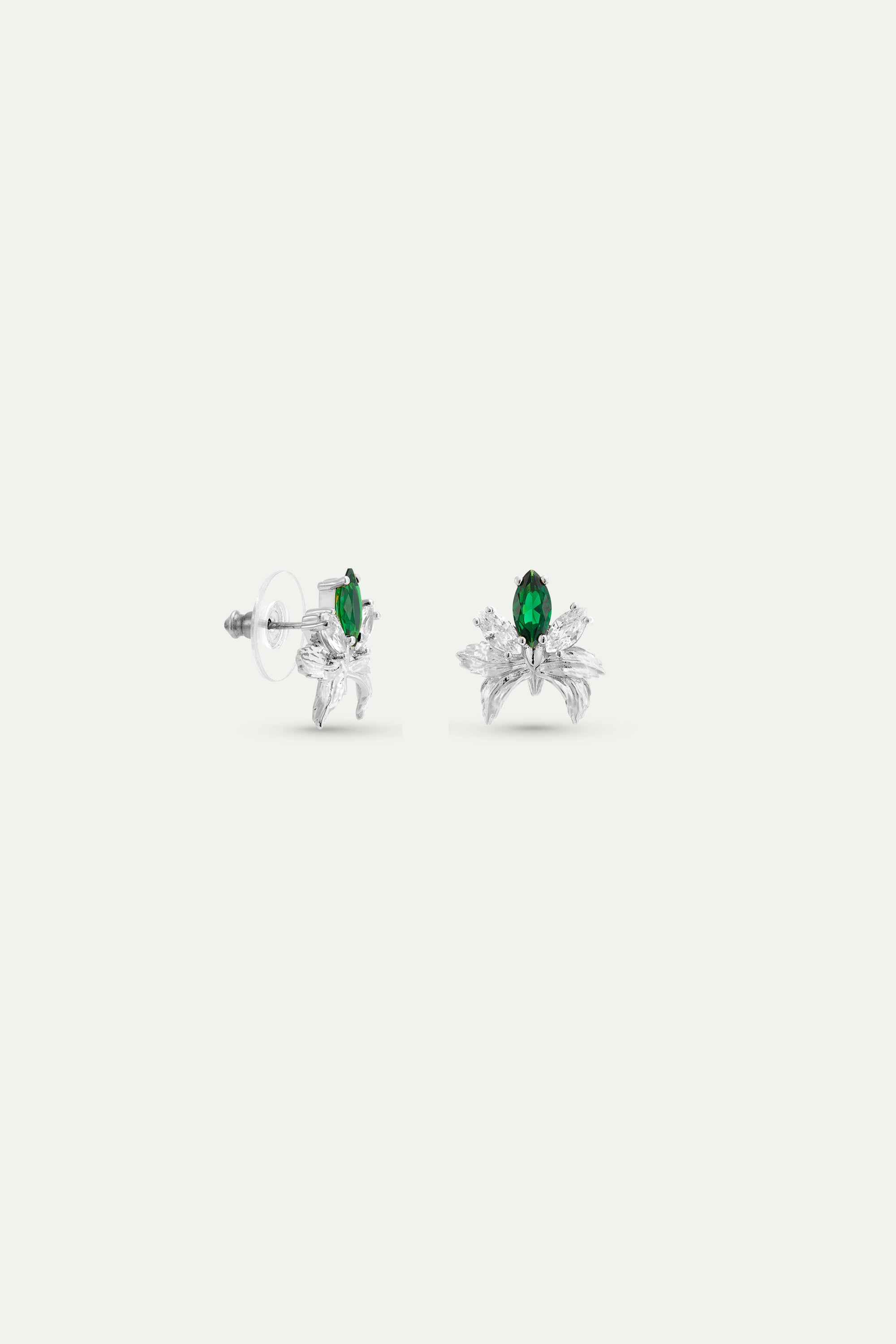 Silver Earrings With Orchids, White and Green Stones | AYNF1061