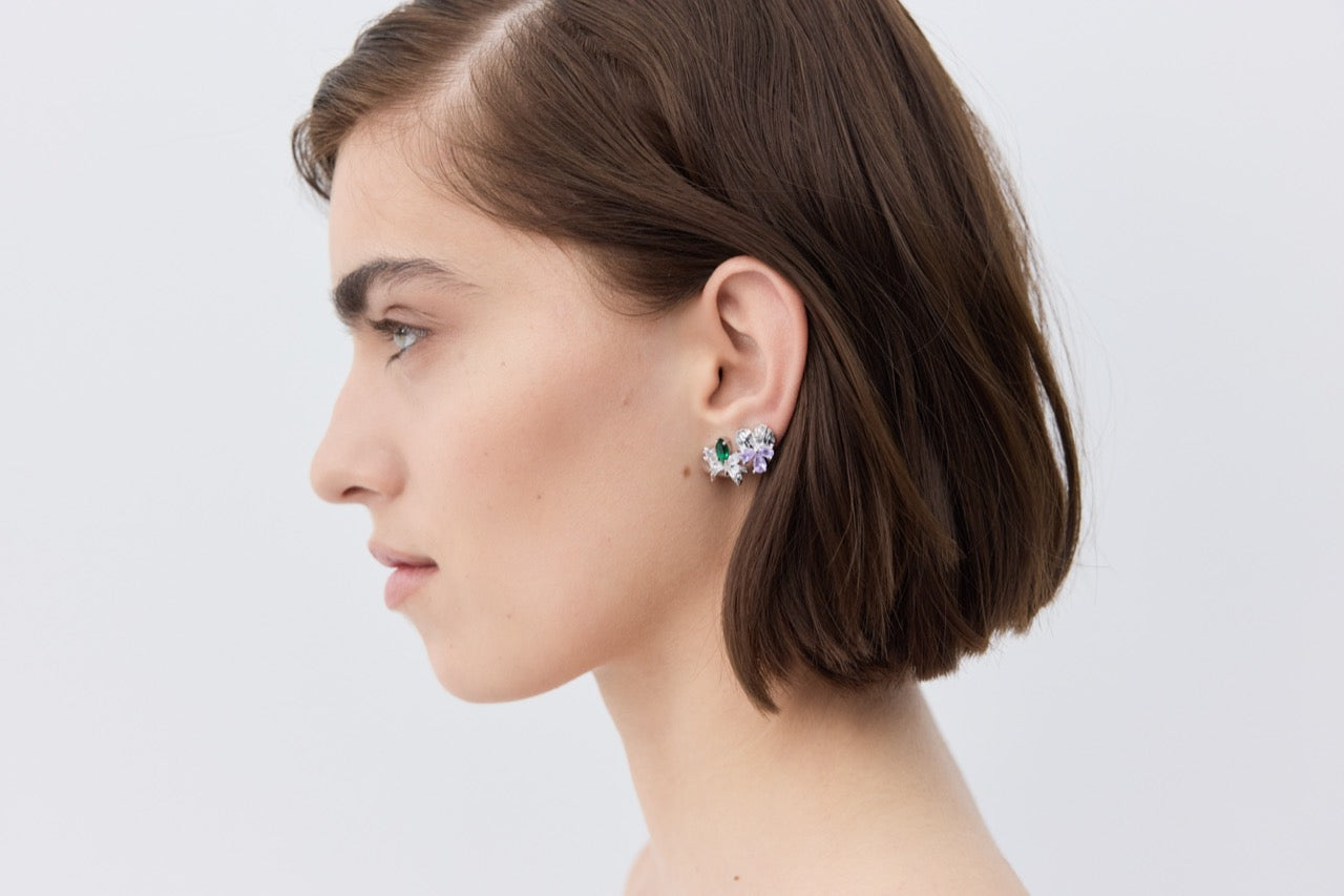 Silver Earrings With Orchids, White and Green Stones | AYNF1061
