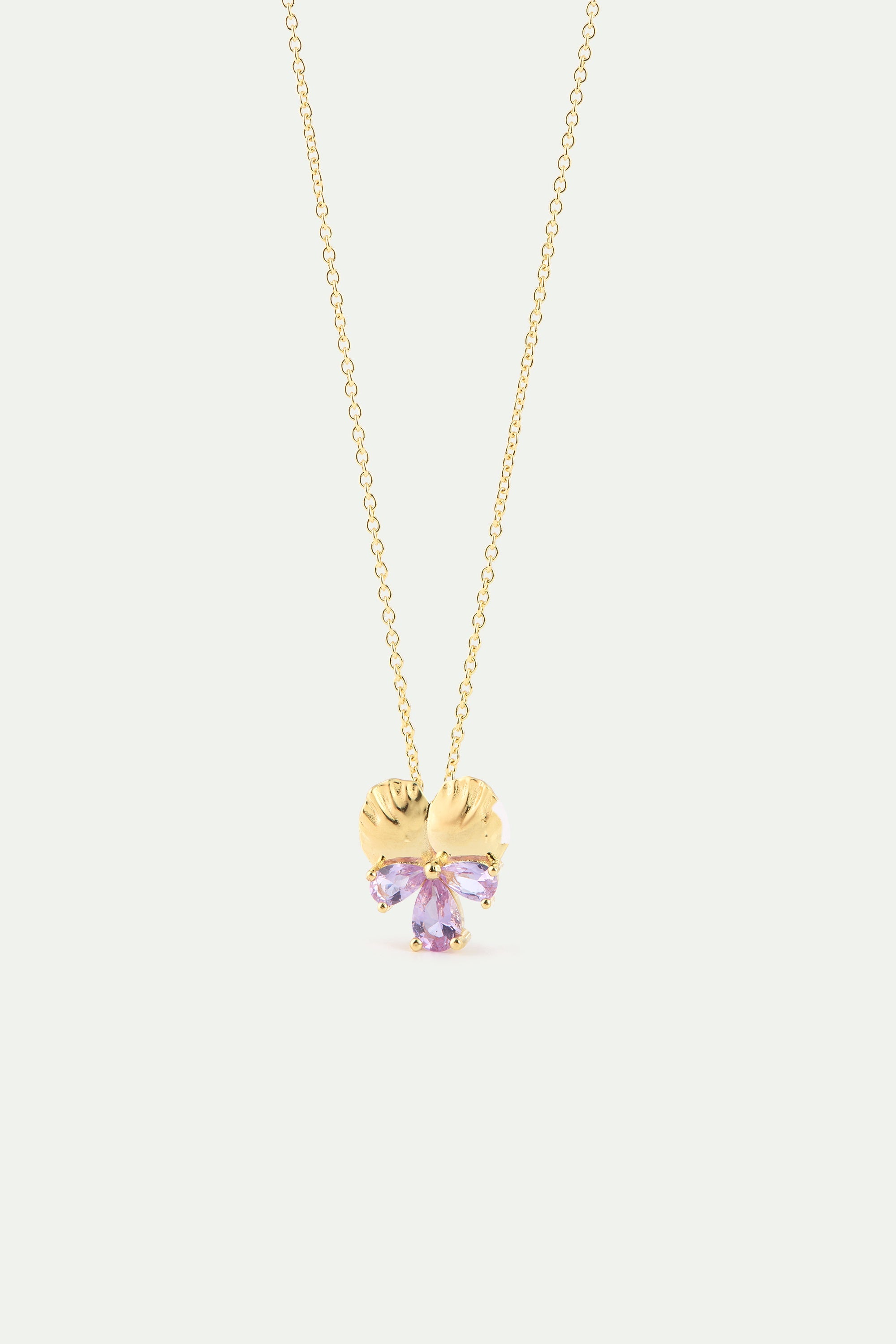 Gold Pendant Necklace With Pansies and Pink Stones | AYNF3011