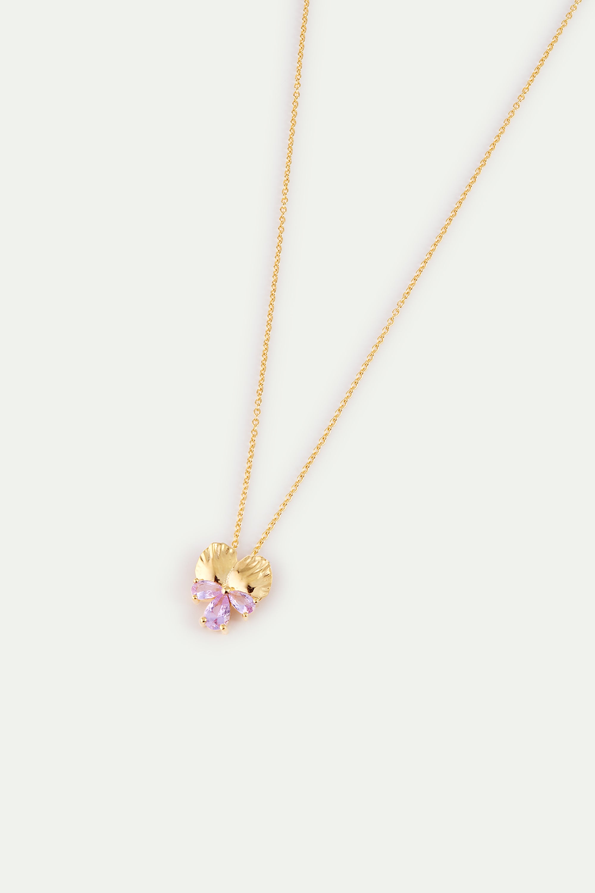 Gold Pendant Necklace With Pansies and Pink Stones | AYNF3011