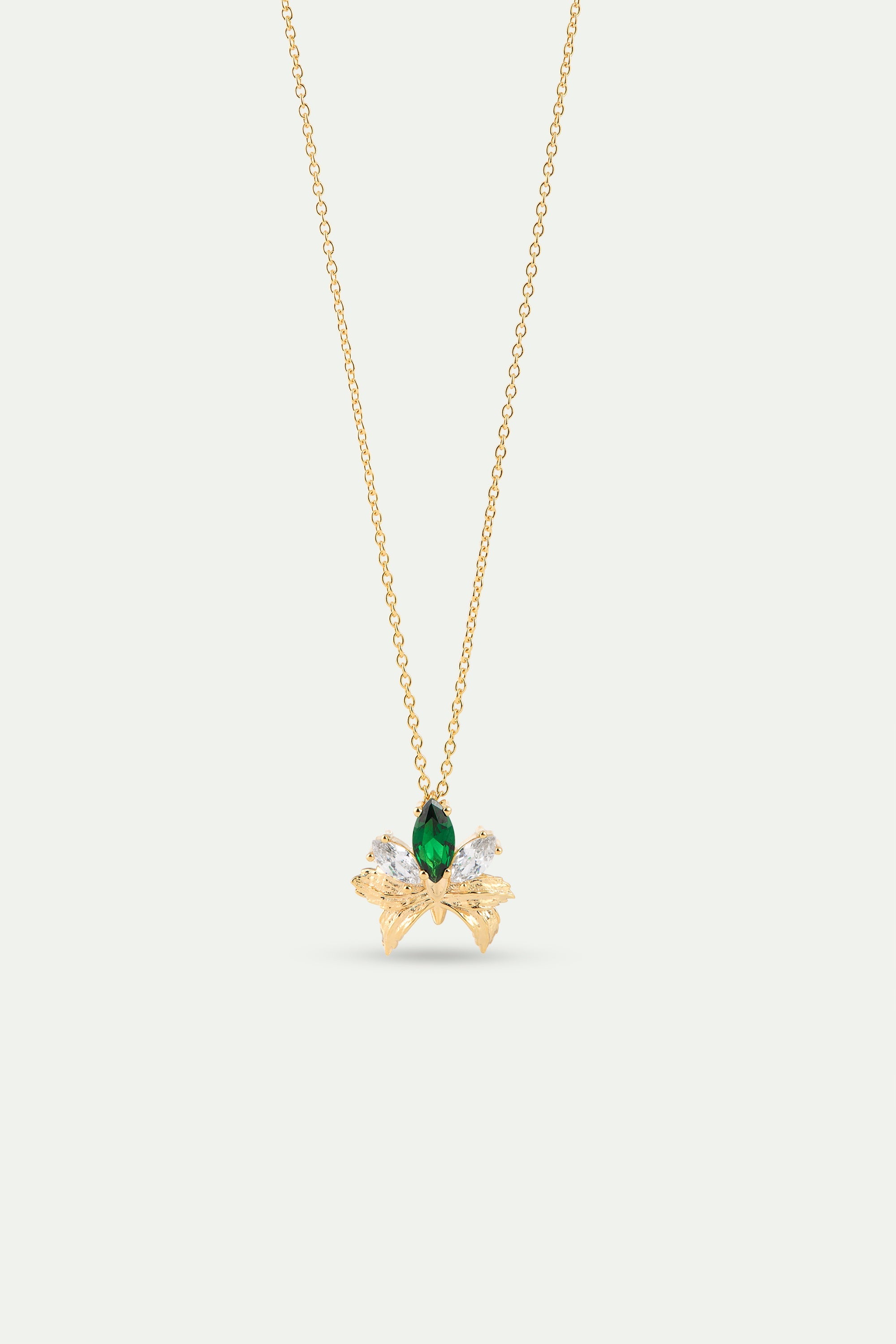 Gold Pendant Necklace With Orchid, Green and White Stones | AYNF3051