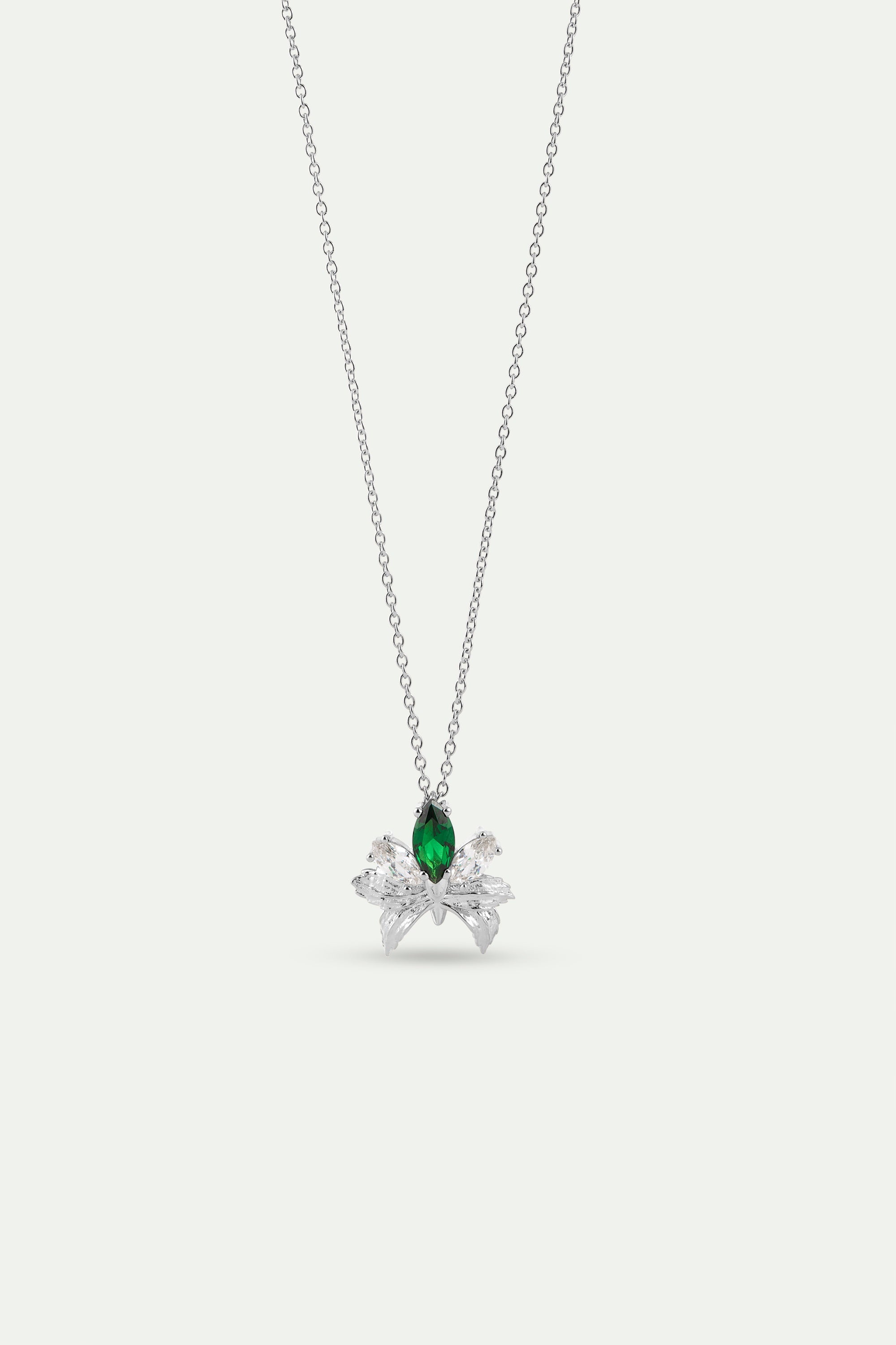Silver Pendant Necklace With Orchid, Green and White Stones | AYNF3061