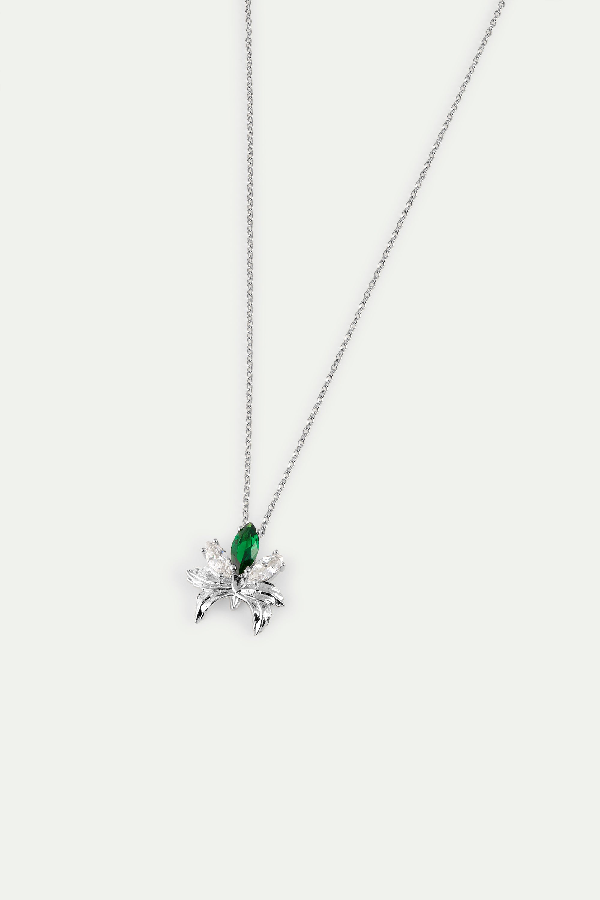 Silver Pendant Necklace With Orchid, Green and White Stones | AYNF3061