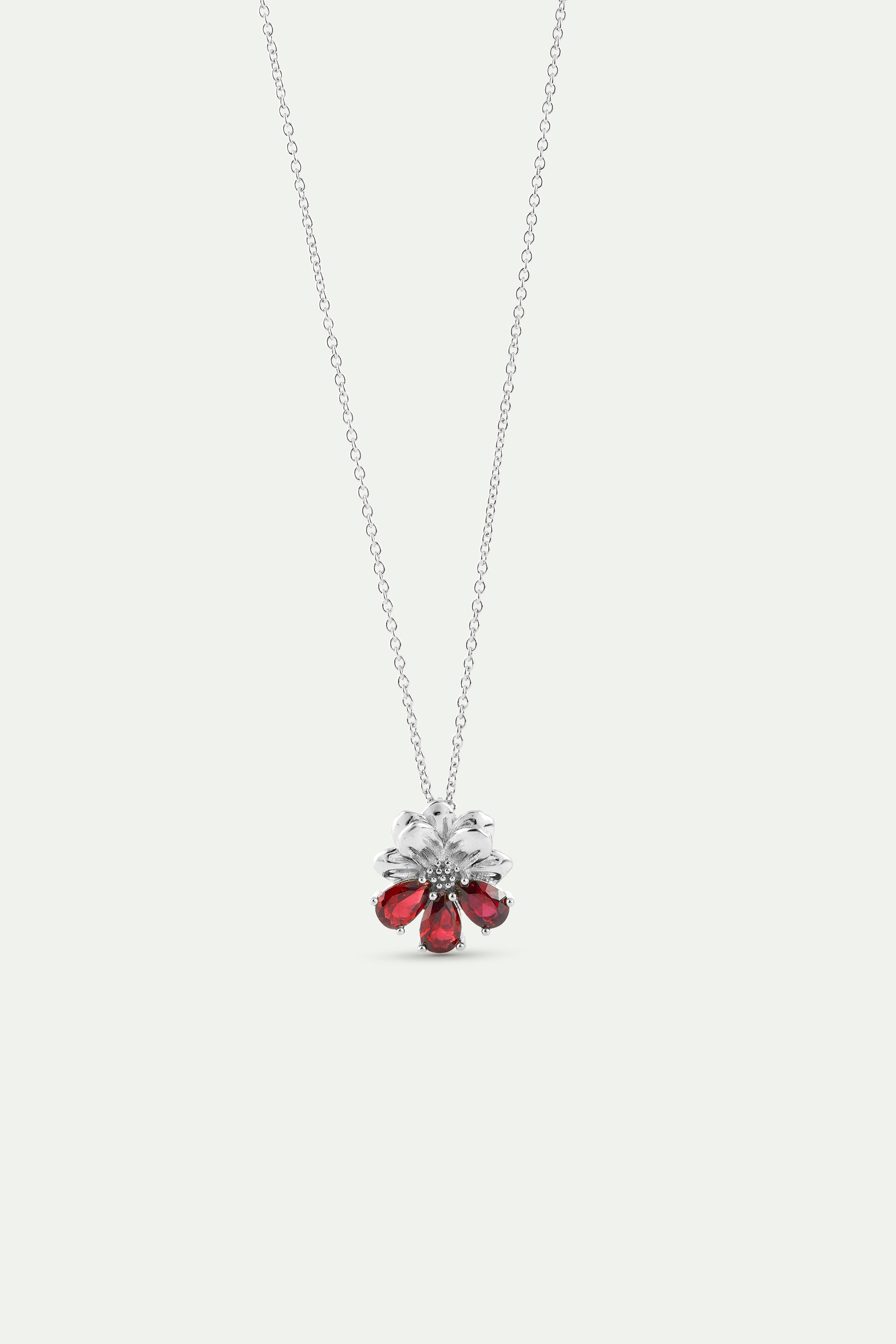 Silver Pendant Necklace With Cosmos and Red Stones | AYNF3081