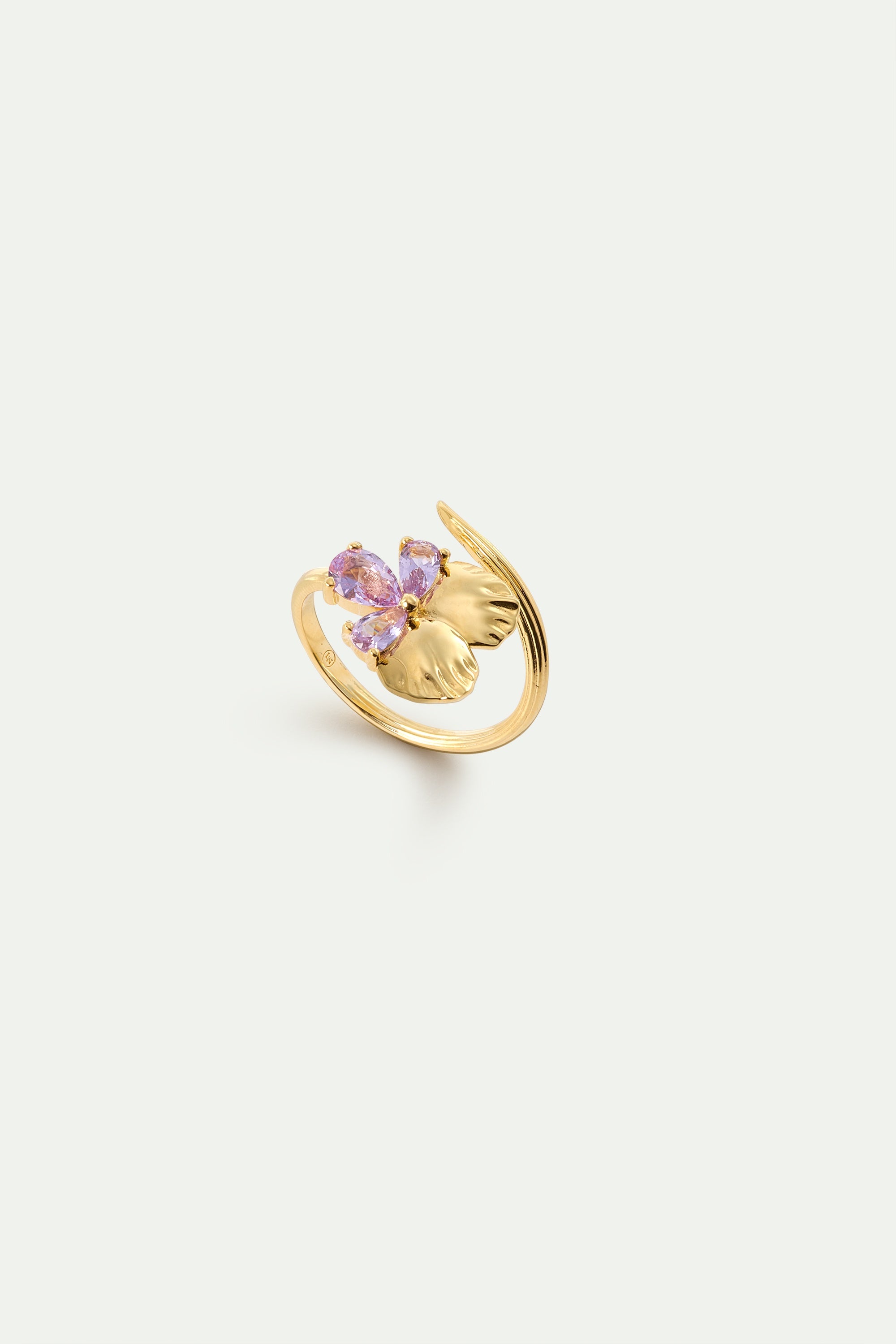 Gold Adjustable Ring With Pansies and Pink Stones | AYNF6011
