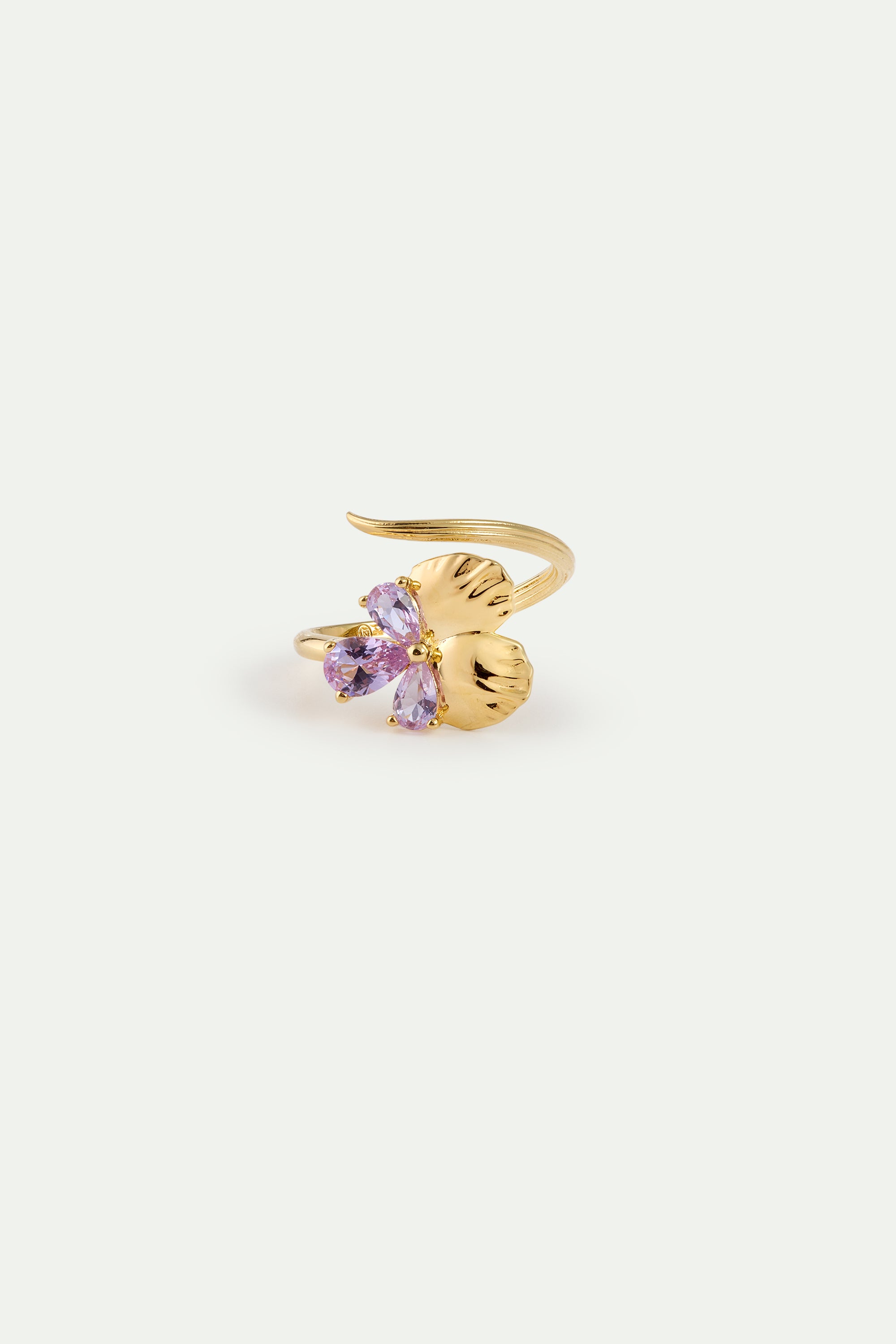 Gold Adjustable Ring With Pansies and Pink Stones | AYNF6011